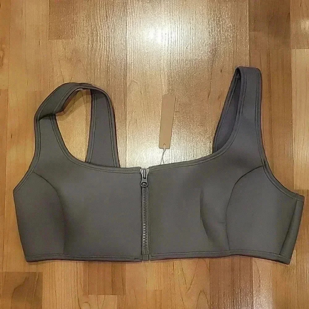 Skims Swim Top Front Zipper Racerback Rubberized Scuba Gray Chalk 2X - Picture 3 of 12